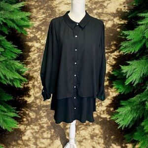 Lane Bryant Black Georgette Collared Button-Down Step Hem Blouse Size 26/28